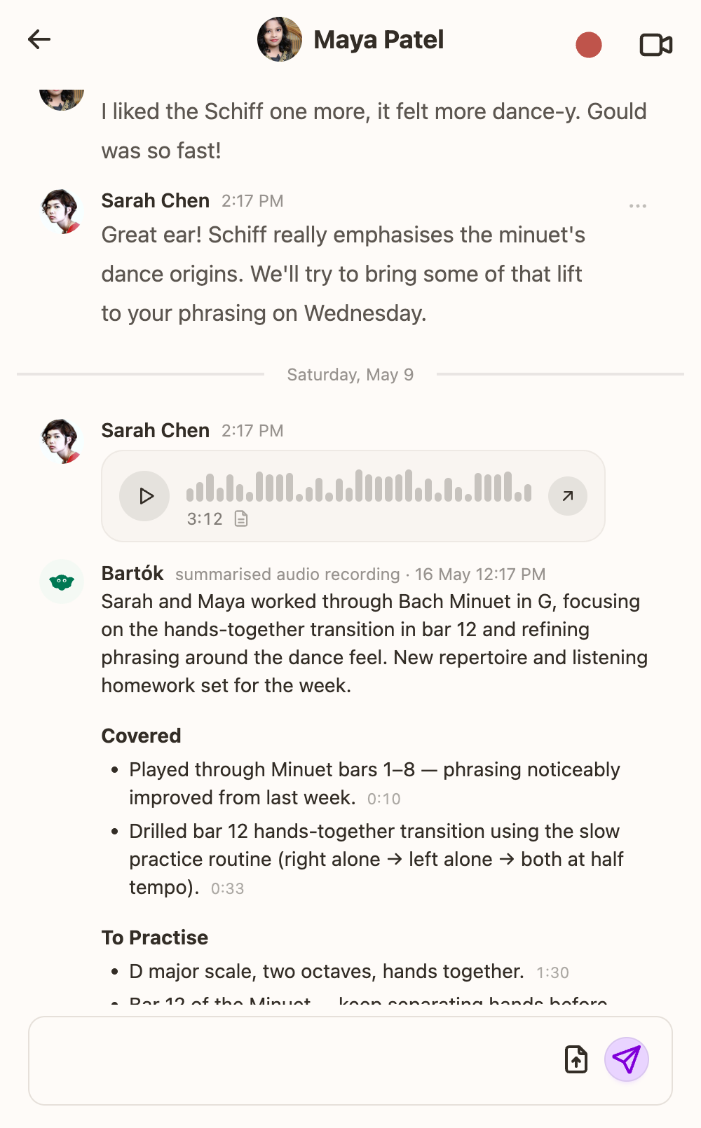 A lesson recording in a Ricordi workspace chat with Bartók's structured practice plan inline.